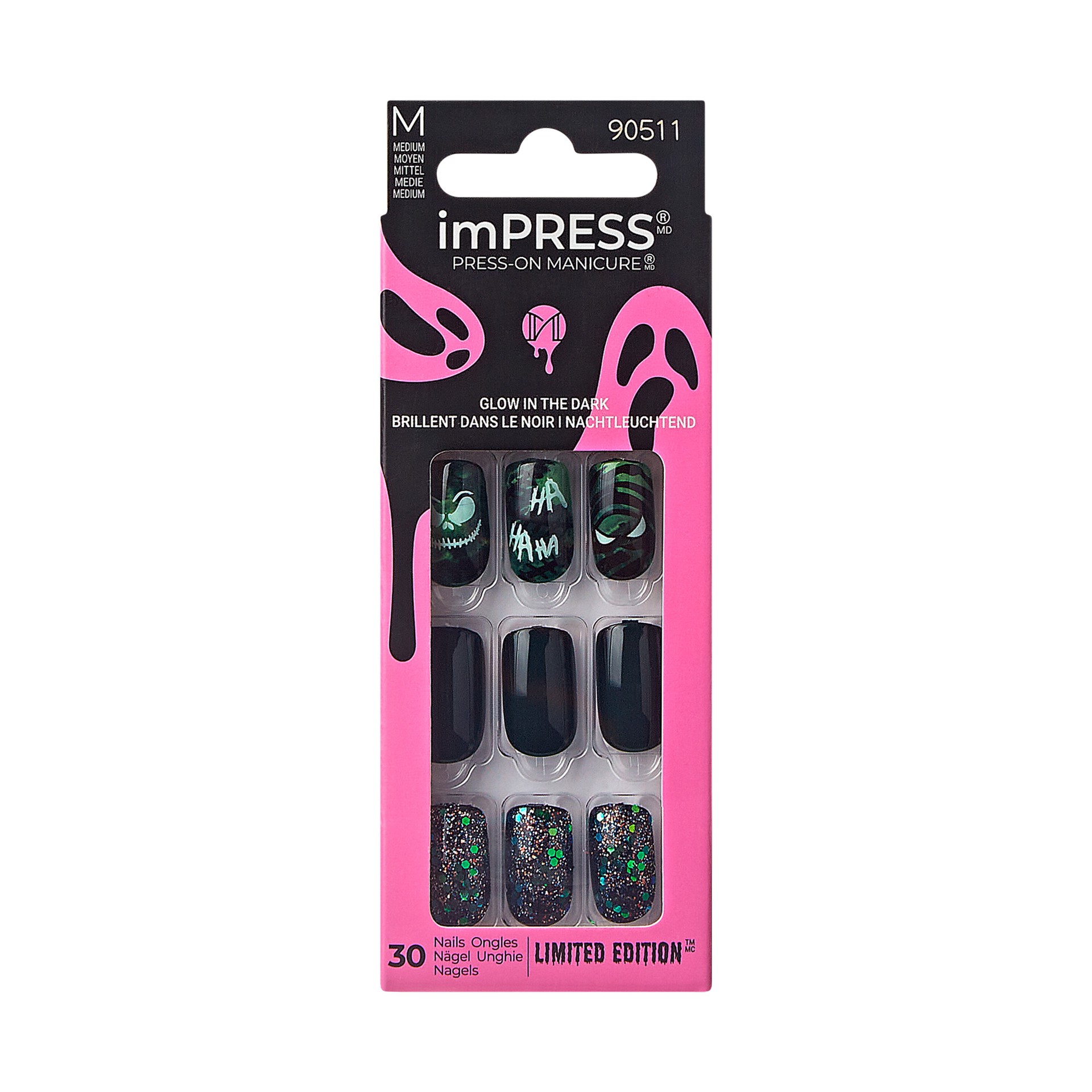 slide 1 of 5, imPRESS Press-On Nails, Halloween, No Glue Needed, Green, Medium Square Shape, 33 Ct., 33 ct