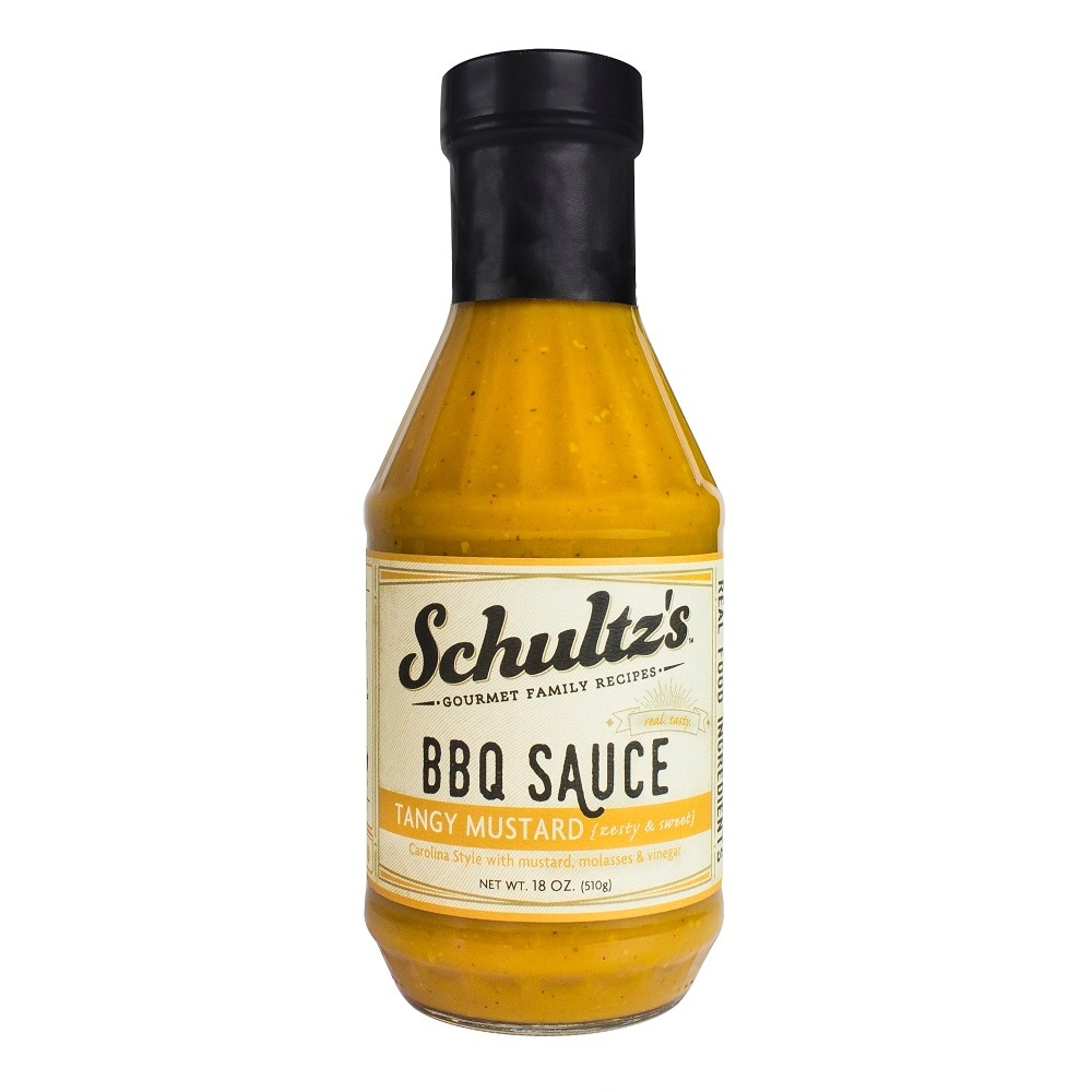 slide 1 of 1, Schultz Tangy Mustard BBQ Sauce, 18 oz