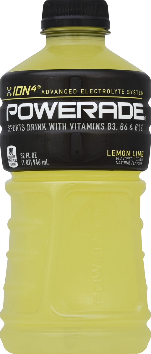 slide 4 of 4, POWERADE Lemon Lime, ION4 Electrolyte Enhanced Fruit Flavored Sports Drink w/ Vitamins B3, B6, and B12, Replenish Sodium, Calcium, Potassium, Magnesium, 32 fl oz, 32 fl oz