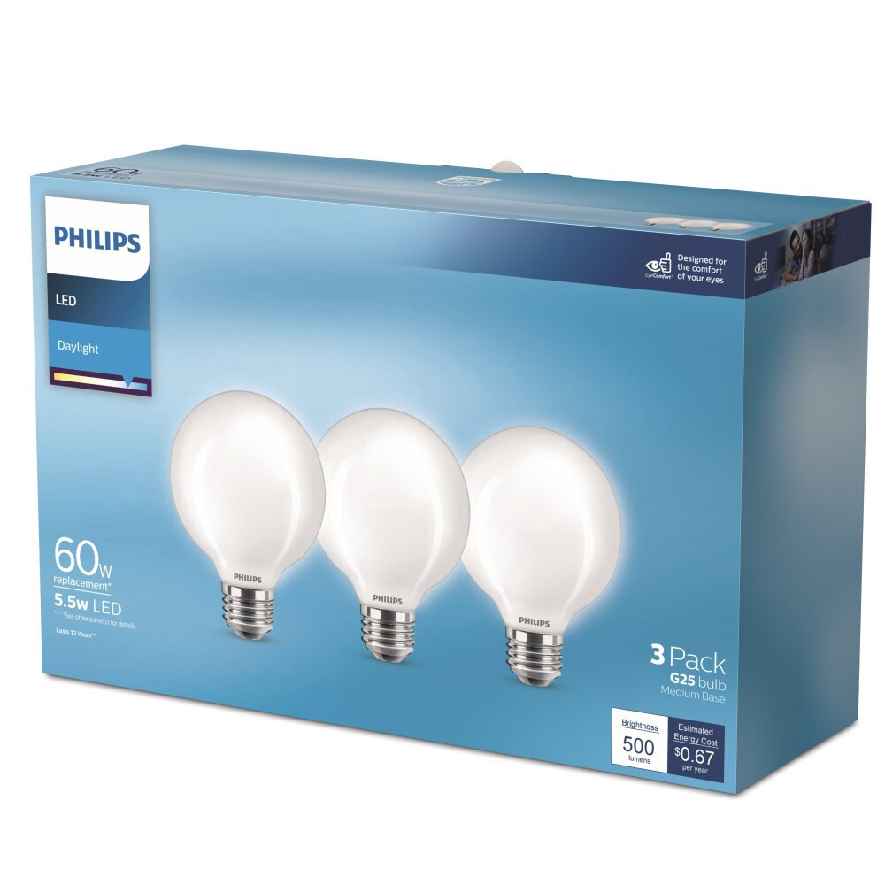 slide 4 of 5, Philips 5.5-Watt (60-Watt) Globe G25 Led Light Bulbs, 3 ct