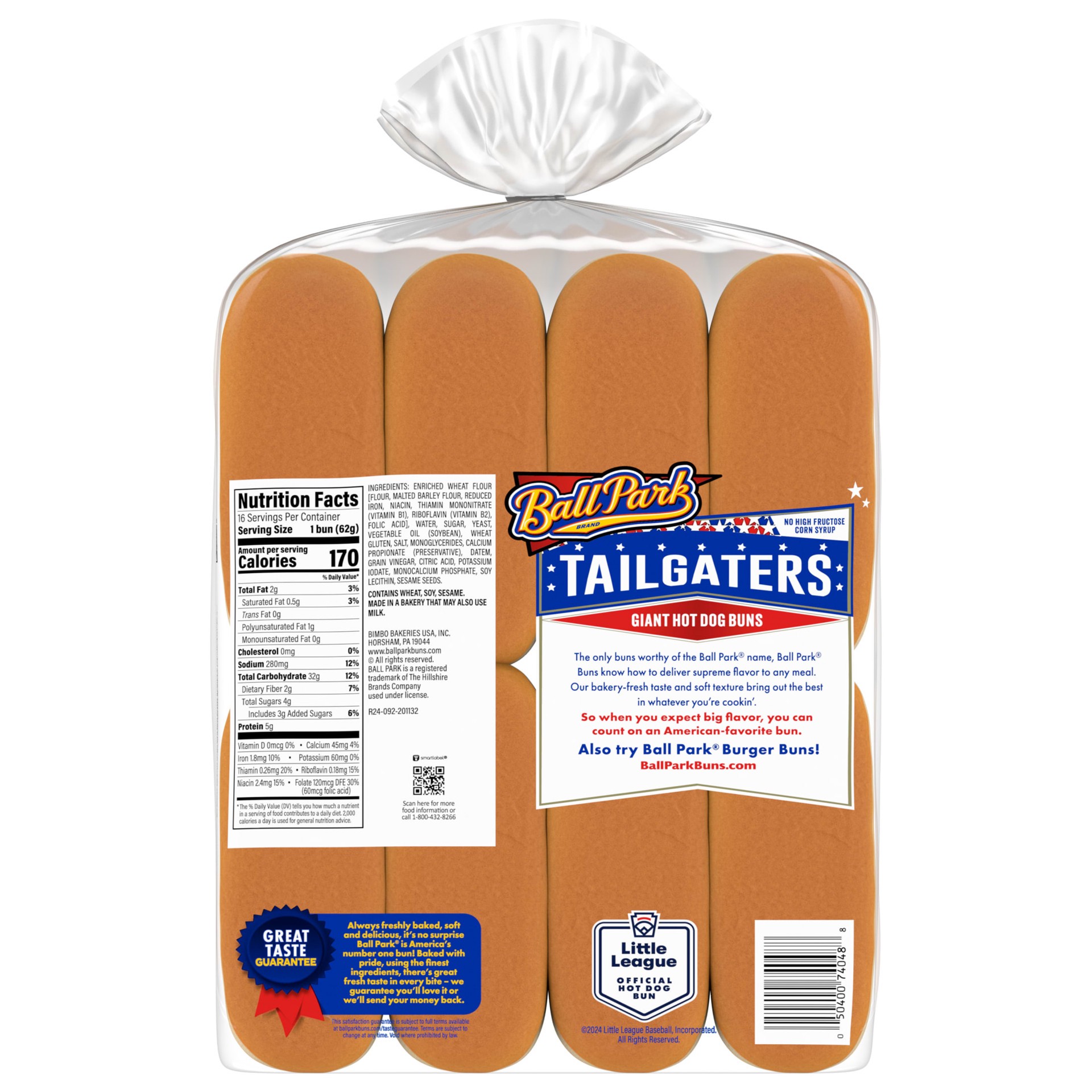 slide 7 of 7, Ball Park Tailgaters White Giant Hot Dog Buns, 16 count, Hot Dog Buns, 35 oz Multipack, 16 ct