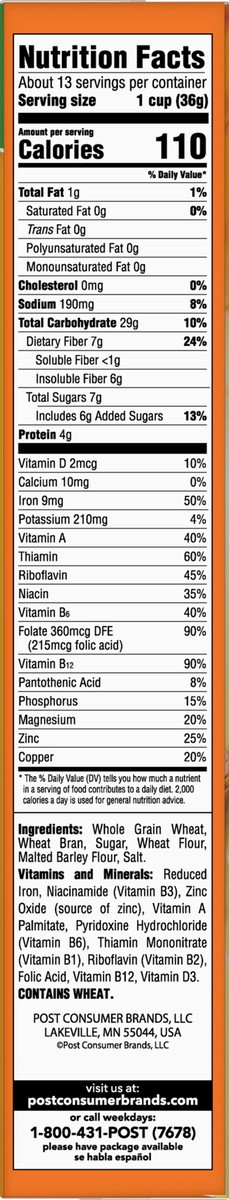 slide 5 of 11, Post Bran Flakes, Whole Grain Wheat & Bran Breakfast Cereal, Excellent Source of Fiber, 16 Ounce – 1 count, 16 oz