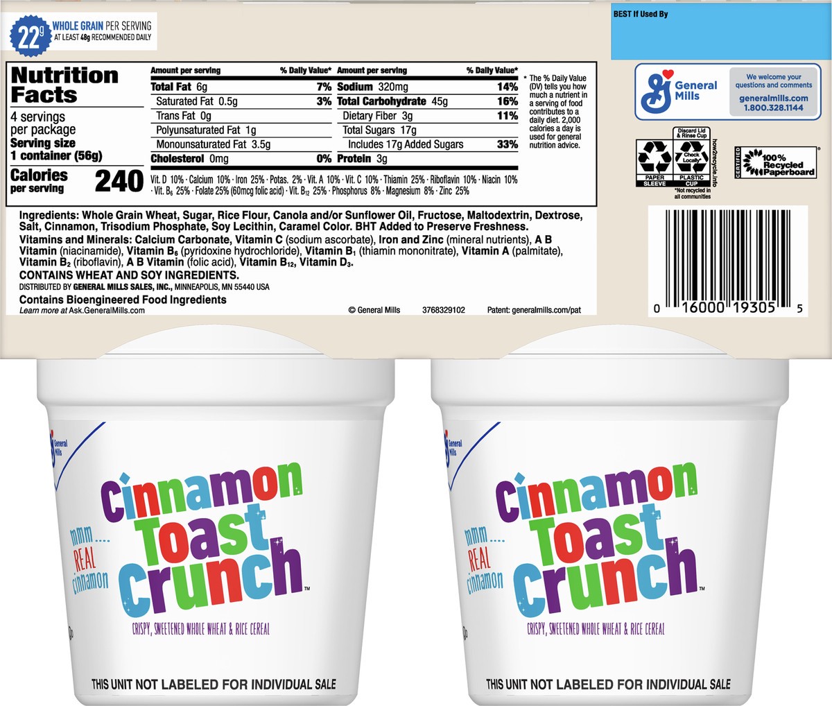 slide 5 of 9, Cinnamon Toast Crunch Breakfast Cereal, Crispy Cinnamon Cereal, Cereal Cups, 8 oz (4 Count), 4 ct