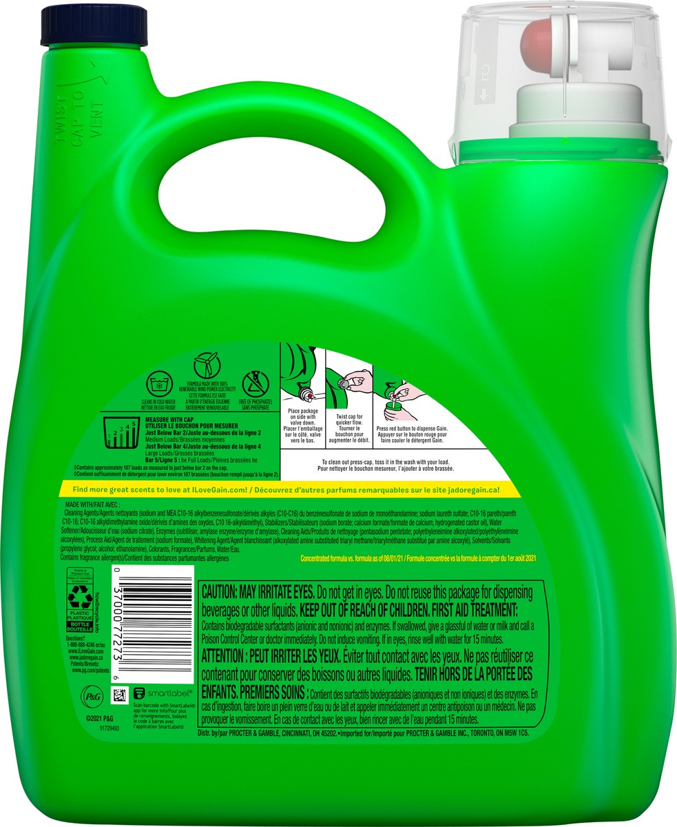 slide 3 of 3, Gain Liquid Laundry Detergent, Original Scent, 154 fl oz, 107 loads, Freshness + Odor Fighting, Laundry Detergent Liquid Soap, HE compatible, 1.20 gal