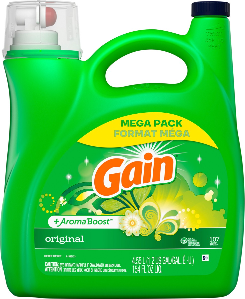 slide 2 of 3, Gain Liquid Laundry Detergent, Original Scent, 154 fl oz, 107 loads, Freshness + Odor Fighting, Laundry Detergent Liquid Soap, HE compatible, 1.20 gal