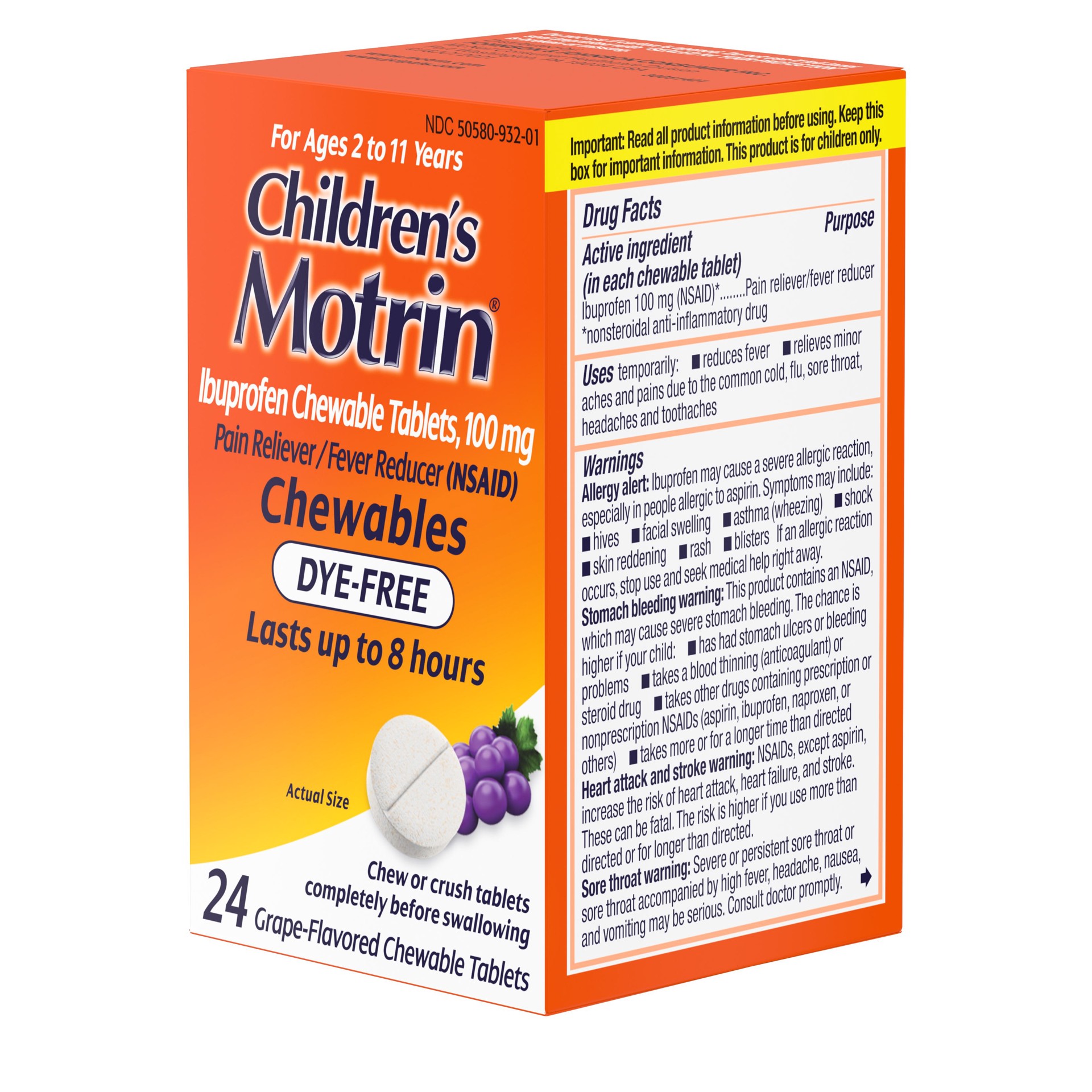 slide 8 of 9, Children's Motrin Dye-Free Ibuprofen Chewable Tablets, Grape, 24 Ct, 24 ct