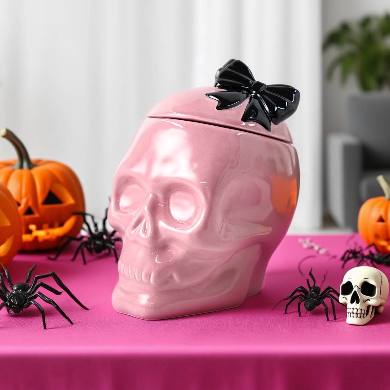 slide 2 of 4, 8" Pink Skeleton Ceramic Cookie Jar By Ashland, 5.8 in x 7.5 in x 8 in