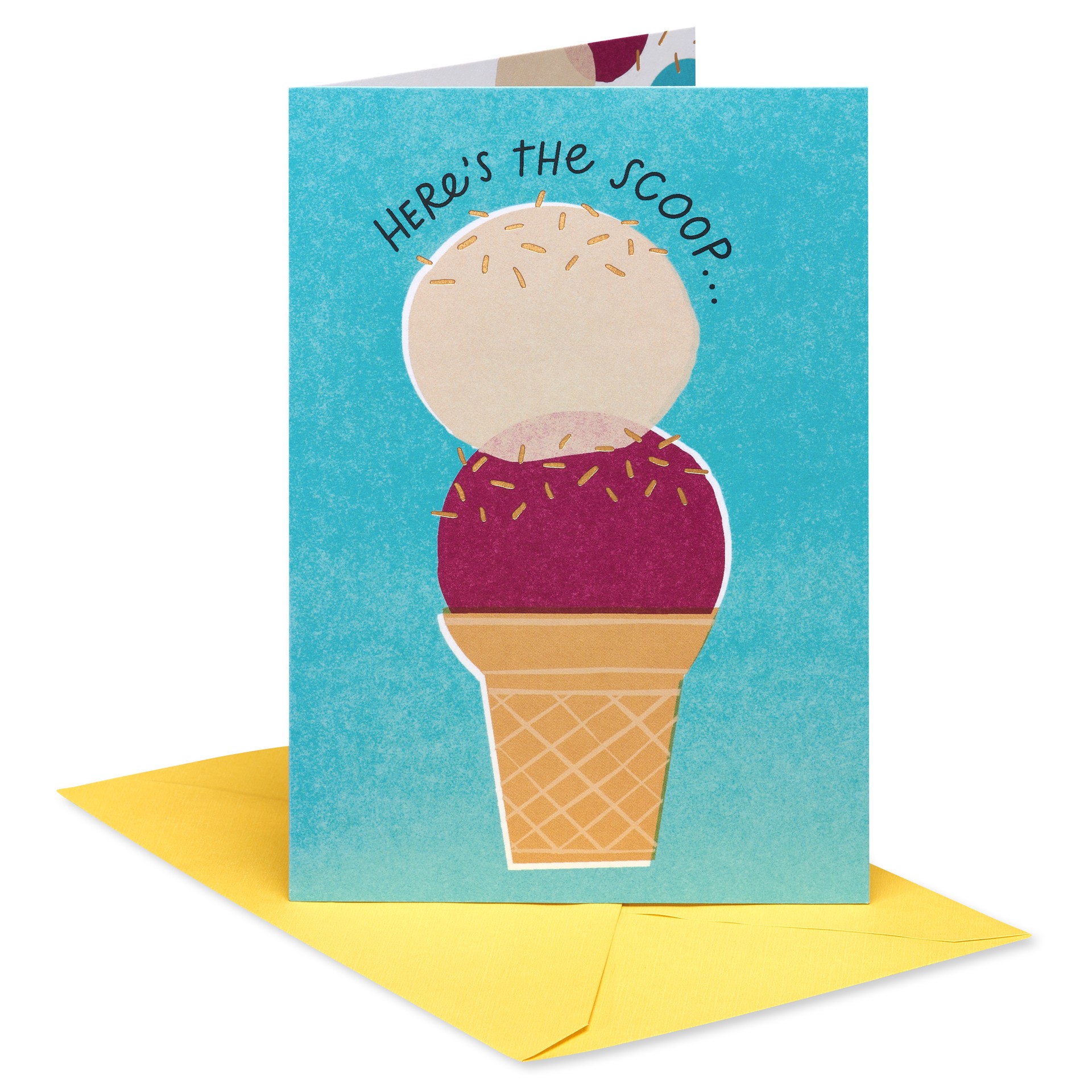 slide 1 of 9, American Greetings Sprinkle someone''s birthday with happiness by giving this extra sweet card. The front features a two-scoop ice cream cone on a light blue-green background. It''s all topped off with gold metallic sprinkles. Playful circles and sprinkles continue on the inside along with a fun message. All of it''s sure to make their celebration extra festive. Envelope included., 1 ct