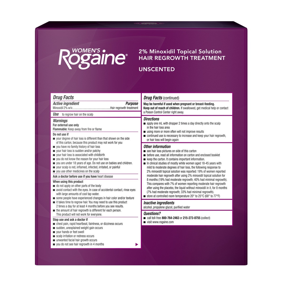 slide 3 of 5, Rogaine Women's Rogaine 2% Minoxidil Topical Solution for Thinning Hair, Topical Hair Loss Treatment for Women's Hair Regrowth, Unscented Minoxidil Liquid, 3-Month Supply, 3 x 2 fl. oz, 6 fl oz