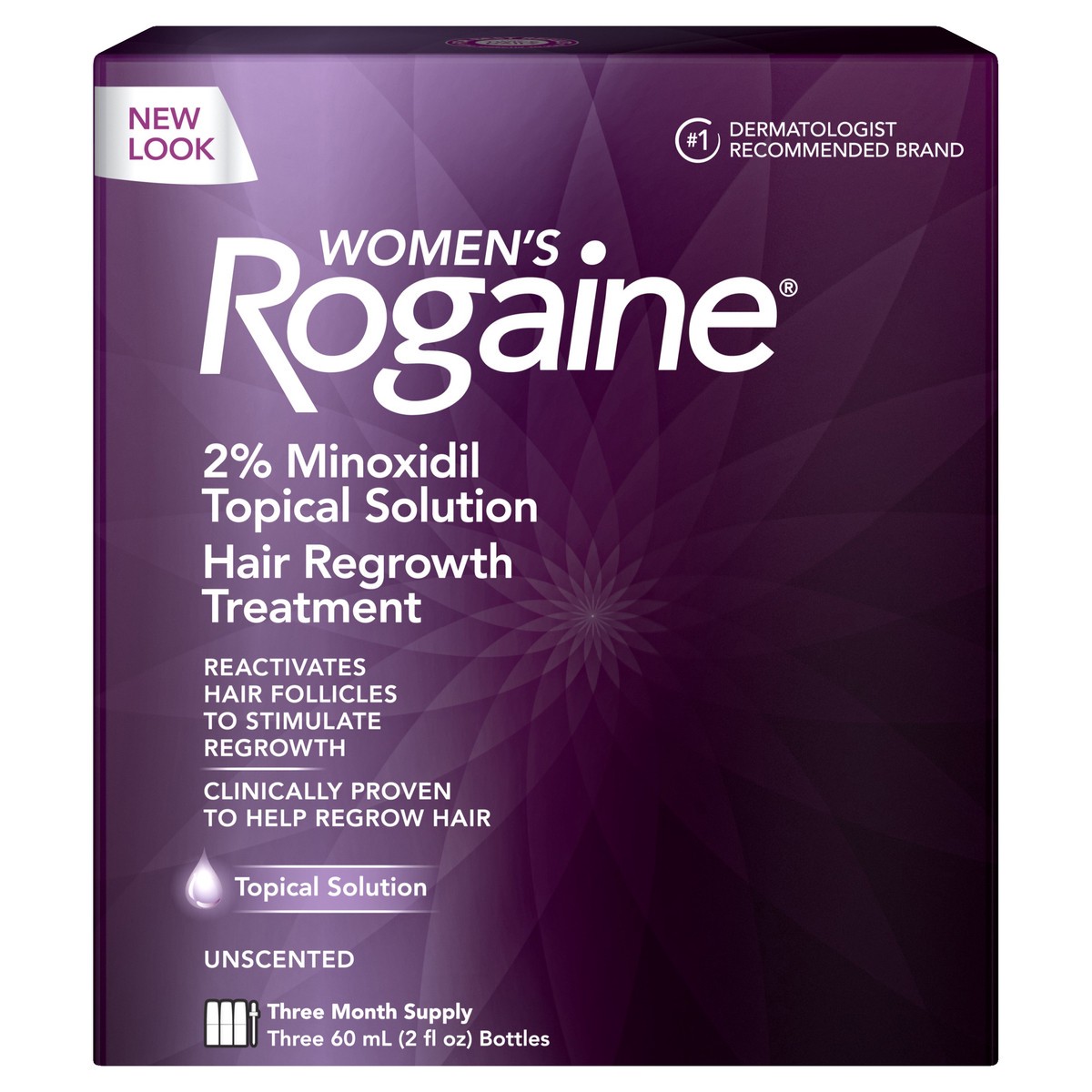 slide 1 of 5, Rogaine Women's Rogaine 2% Minoxidil Topical Solution for Thinning Hair, Topical Hair Loss Treatment for Women's Hair Regrowth, Unscented Minoxidil Liquid, 3-Month Supply, 3 x 2 fl. oz, 6 fl oz