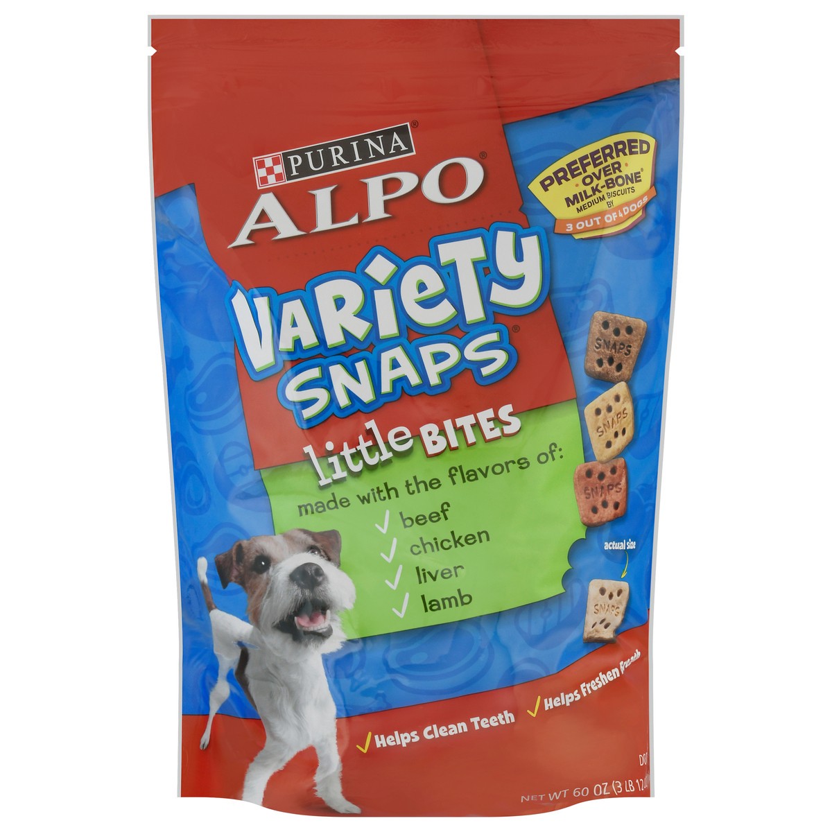 slide 10 of 12, Purina Alpo Variety Snaps Dog Treats, Beef Chicken Liver & Lamb Flavors, 60 oz