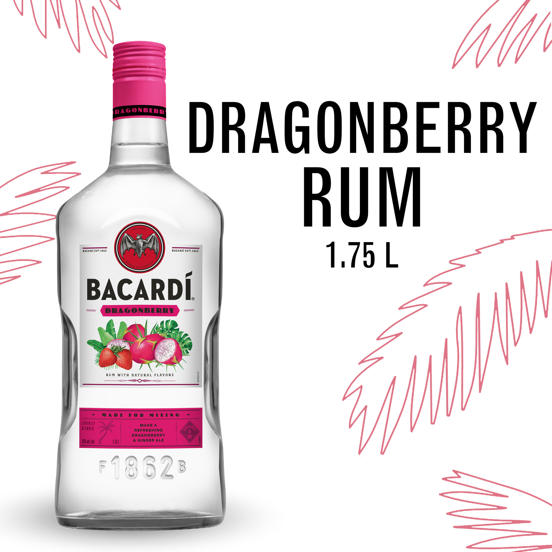 slide 1 of 5, Bacardí Bacardi Dragonberry Rum, Gluten Free 35% 175Cl/1.75L, 1.75 liter