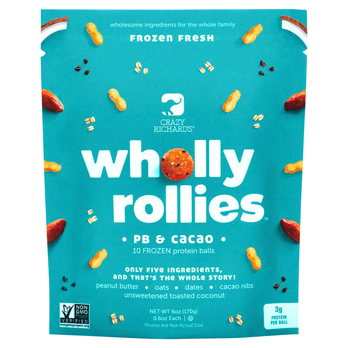 slide 1 of 1, Crazy Richard's Wholly Rollies Peanut Butter & Cacao Frozen Protein Snack Balls 10 Count, 6 oz