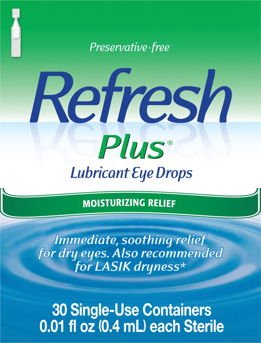 slide 4 of 5, Refresh Plus Lubricant Eye Drops Preservative-Free Tears, 0.01 fl oz (0.4 mL), 30 Single-Use Containers, 0.40 mL