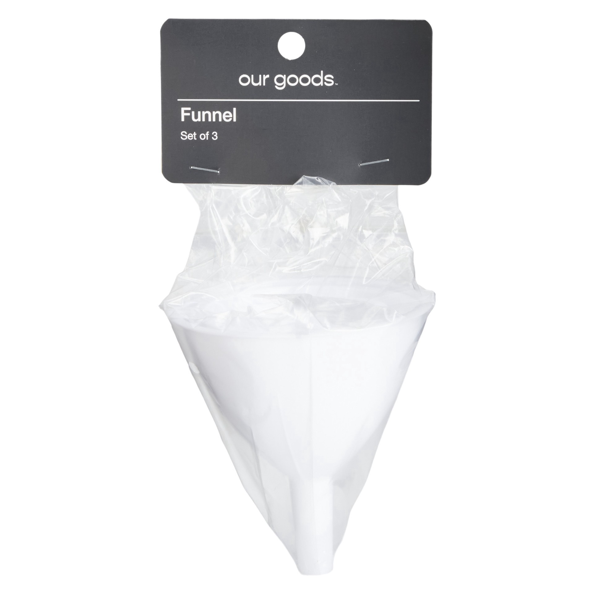slide 1 of 1, our goods Plastic Funnels, 3 ct