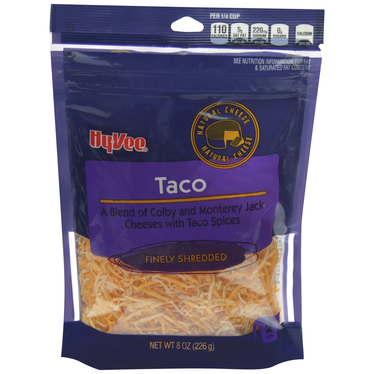 slide 1 of 1, Hy-vee Taco A Blend Of Colby And Monterey Jack Shredded Cheeses With Taco Spices, 8 oz