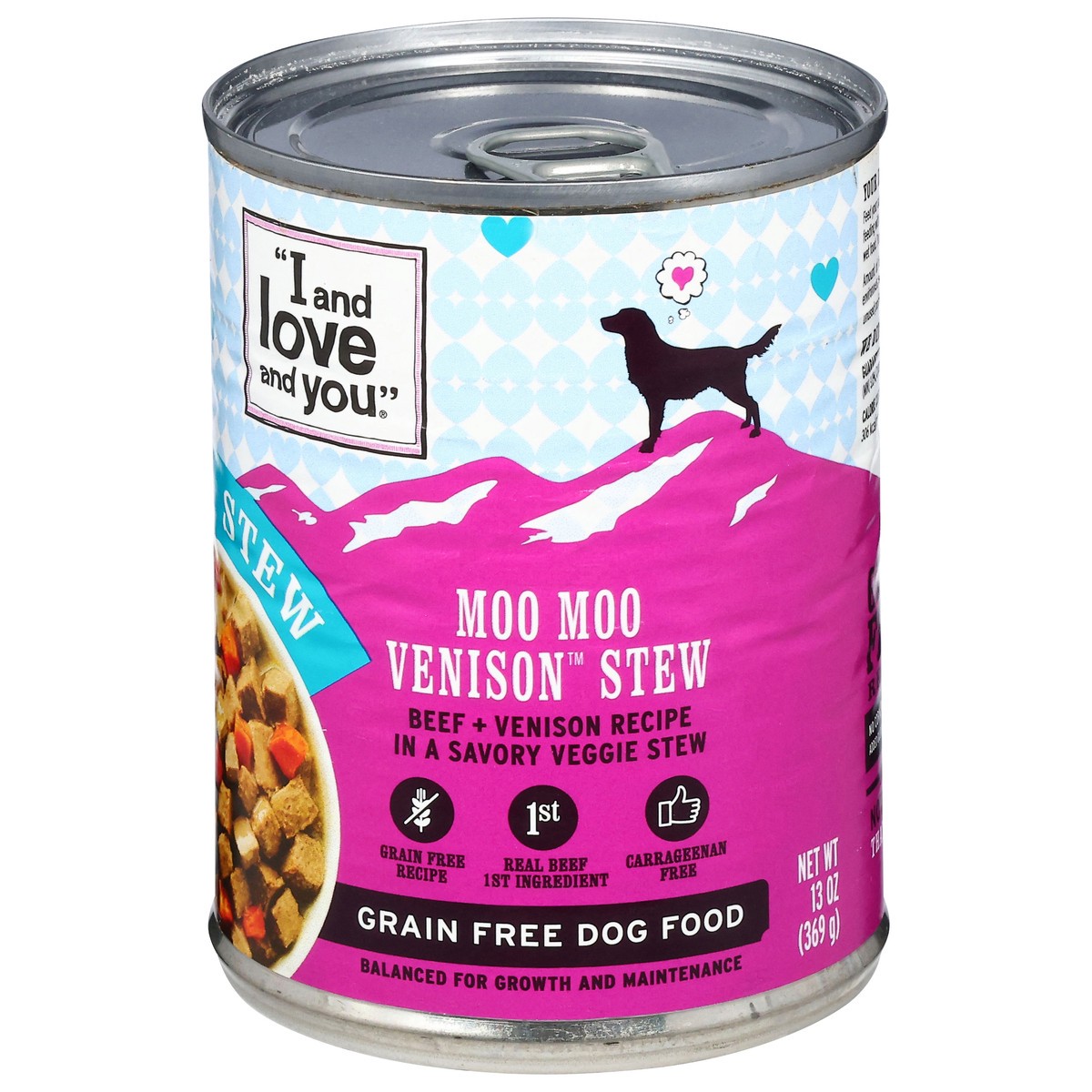 slide 1 of 9, I and Love and You Grain Free Moo Moo Venison Stew Dog Food 13 oz, 13 oz