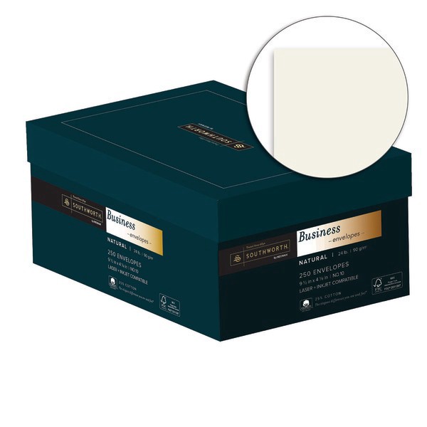 slide 3 of 5, Southworth 25% Cotton #10 Business Envelope, Natural, Wove, 250/Box, FSC, 24 lb