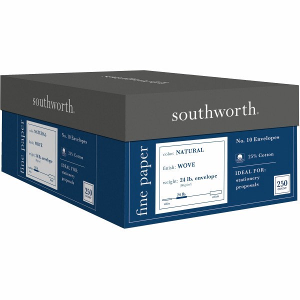 slide 5 of 5, Southworth 25% Cotton #10 Business Envelope, Natural, Wove, 250/Box, FSC, 24 lb