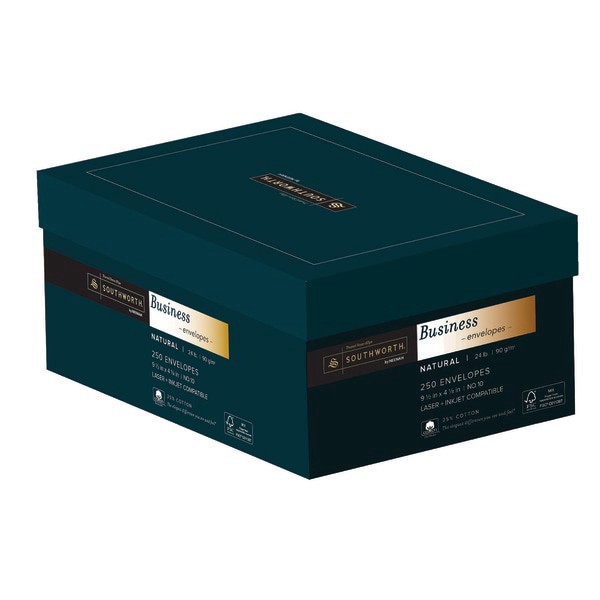 slide 1 of 5, Southworth 25% Cotton #10 Business Envelope, Natural, Wove, 250/Box, FSC, 24 lb
