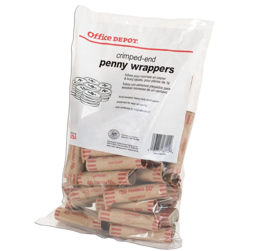 slide 3 of 3, Office Depot Brand Preformed Tubular Coin Wrappers, Penny, Pack Of 48, 48 ct