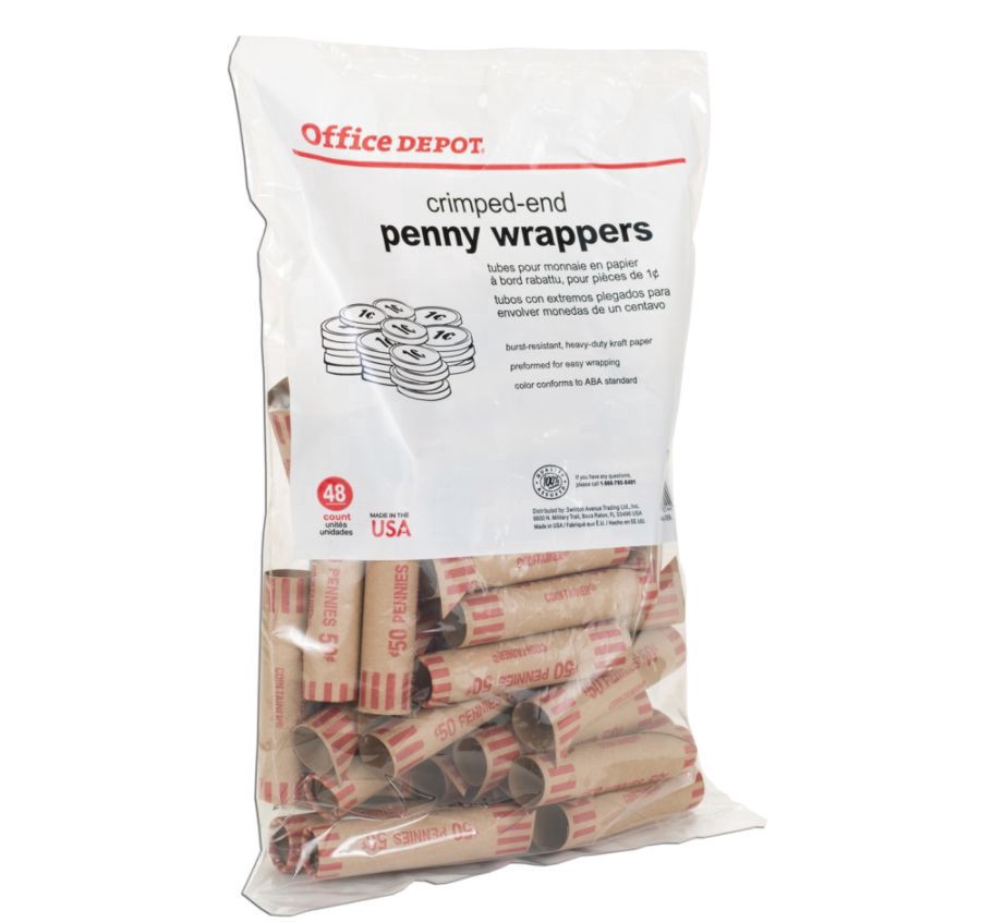 slide 2 of 3, Office Depot Brand Preformed Tubular Coin Wrappers, Penny, Pack Of 48, 48 ct