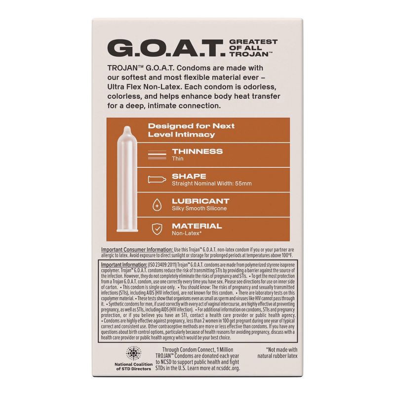 slide 7 of 9, Trojan G.O.A.T. Latex-Free Lubricated Condoms for Men, Patent Pending Ultra Flex Non-Latex Material, Soft, Strong, Odorless & Colorless, 10 Count, 10 ct