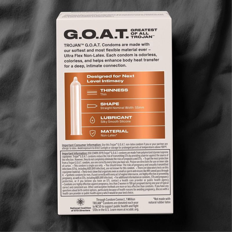slide 2 of 9, Trojan G.O.A.T. Latex-Free Lubricated Condoms for Men, Patent Pending Ultra Flex Non-Latex Material, Soft, Strong, Odorless & Colorless, 10 Count, 10 ct