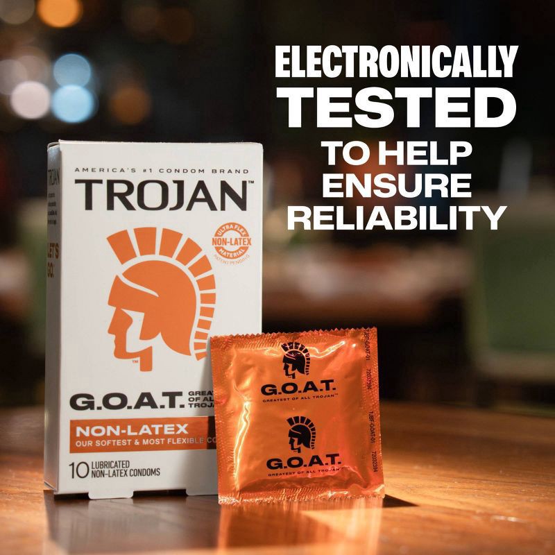 slide 6 of 9, Trojan G.O.A.T. Latex-Free Lubricated Condoms for Men, Patent Pending Ultra Flex Non-Latex Material, Soft, Strong, Odorless & Colorless, 10 Count, 10 ct