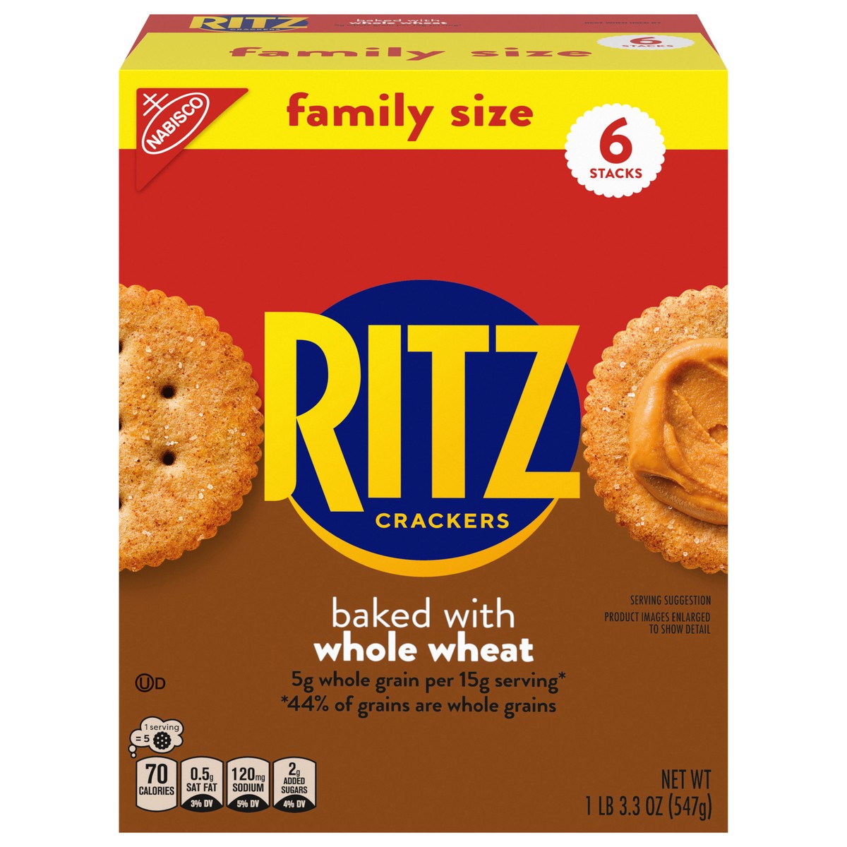 slide 1 of 9, RITZ Whole Wheat Crackers, Snacks for Kids and Adults, Lunch Snacks, Family Size, 19.3 oz, 6 ct