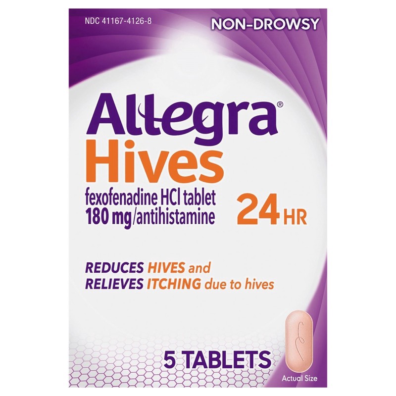 slide 1 of 1, Allegra Hives Antihistamine 24-Hour Tablets, Non-Drowsy Hive Reduction and Hive Itch Relief, 180 mg Fexofenadine HCI, 5-Count, 5 ct