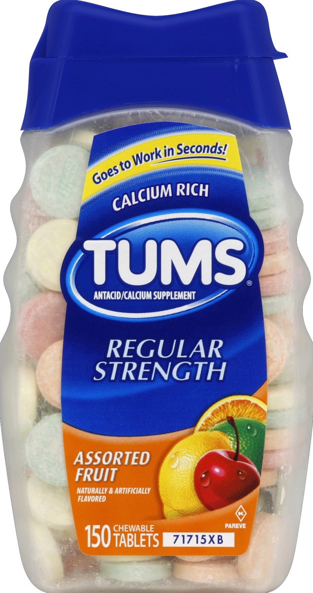 slide 2 of 3, Tums Regular Strength Assorted Fruit Antacid/Calcium Supplement Chewable Tablets, 150 ct