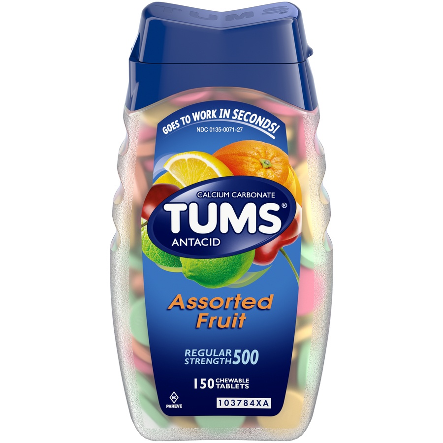 slide 1 of 3, Tums Regular Strength Assorted Fruit Antacid/Calcium Supplement Chewable Tablets, 150 ct