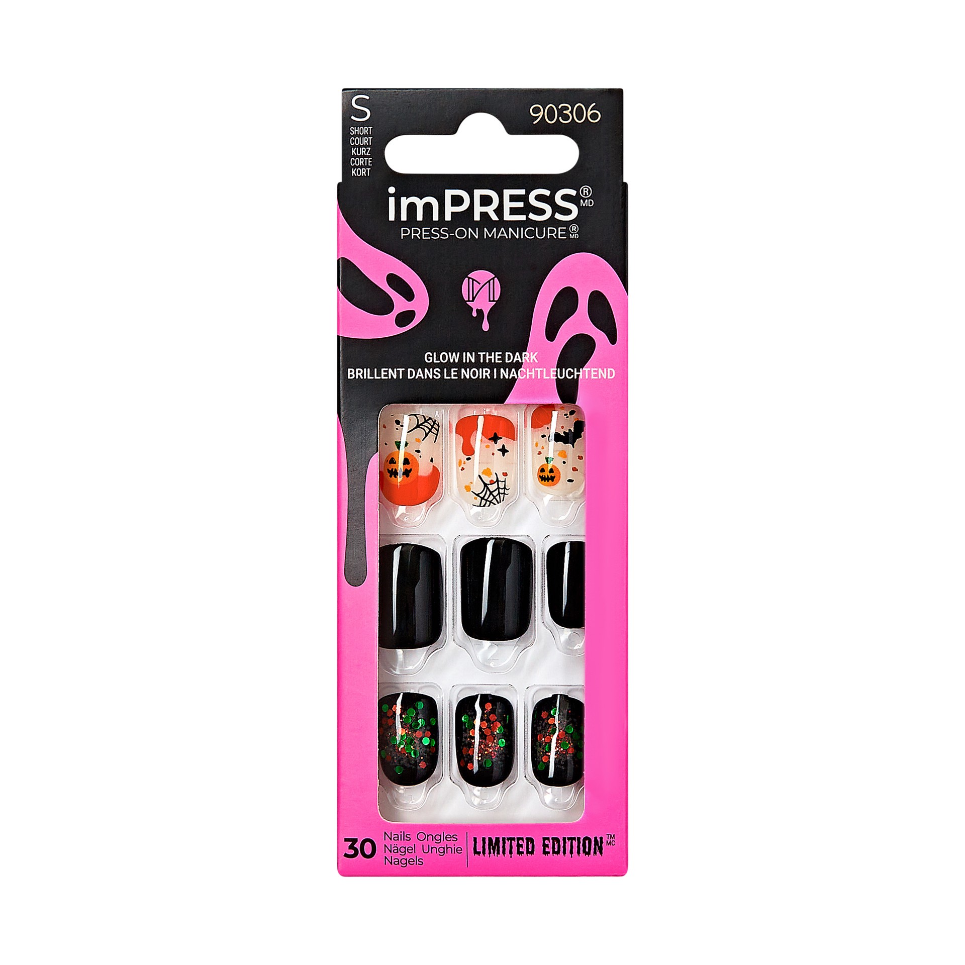 slide 1 of 5, imPRESS Press-On Nails, Halloween, No Glue Needed, Black, Short Square Shape, 33 Ct., 30 ct