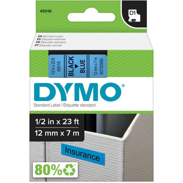 slide 7 of 10, Dymo Standard D1 Labeling Tape For Labelmanager Label Makers, Black Print On Blue Tape, 1/2'' W X 23' L, 1 Cartridge, 1 ct