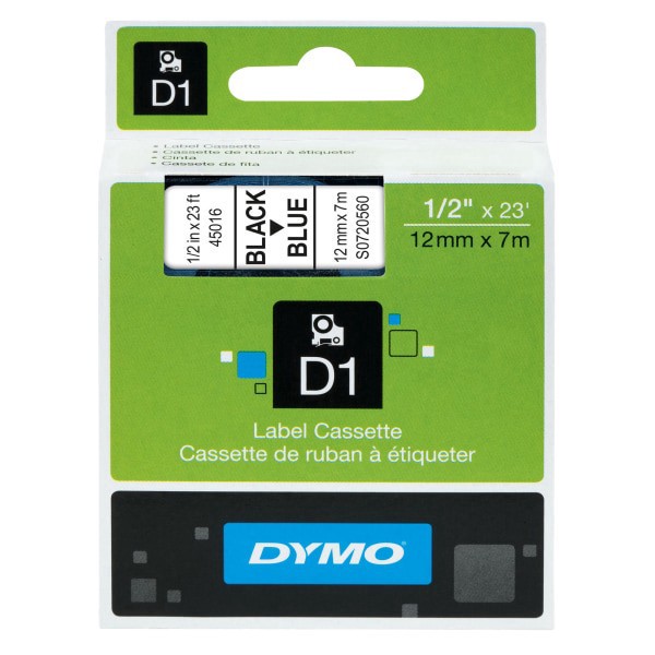slide 1 of 10, Dymo Standard D1 Labeling Tape For Labelmanager Label Makers, Black Print On Blue Tape, 1/2'' W X 23' L, 1 Cartridge, 1 ct