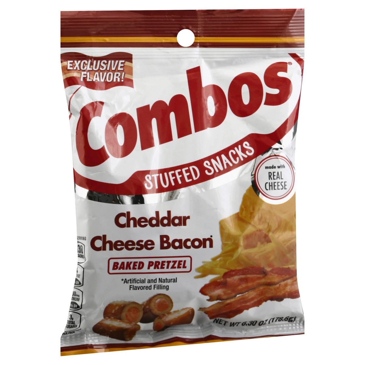 slide 5 of 9, COMBOS Stuffed Snacks Cheddar Cheese Bacon Baked Pretzel Snacks, 6.23oz Bag, 6.3 oz