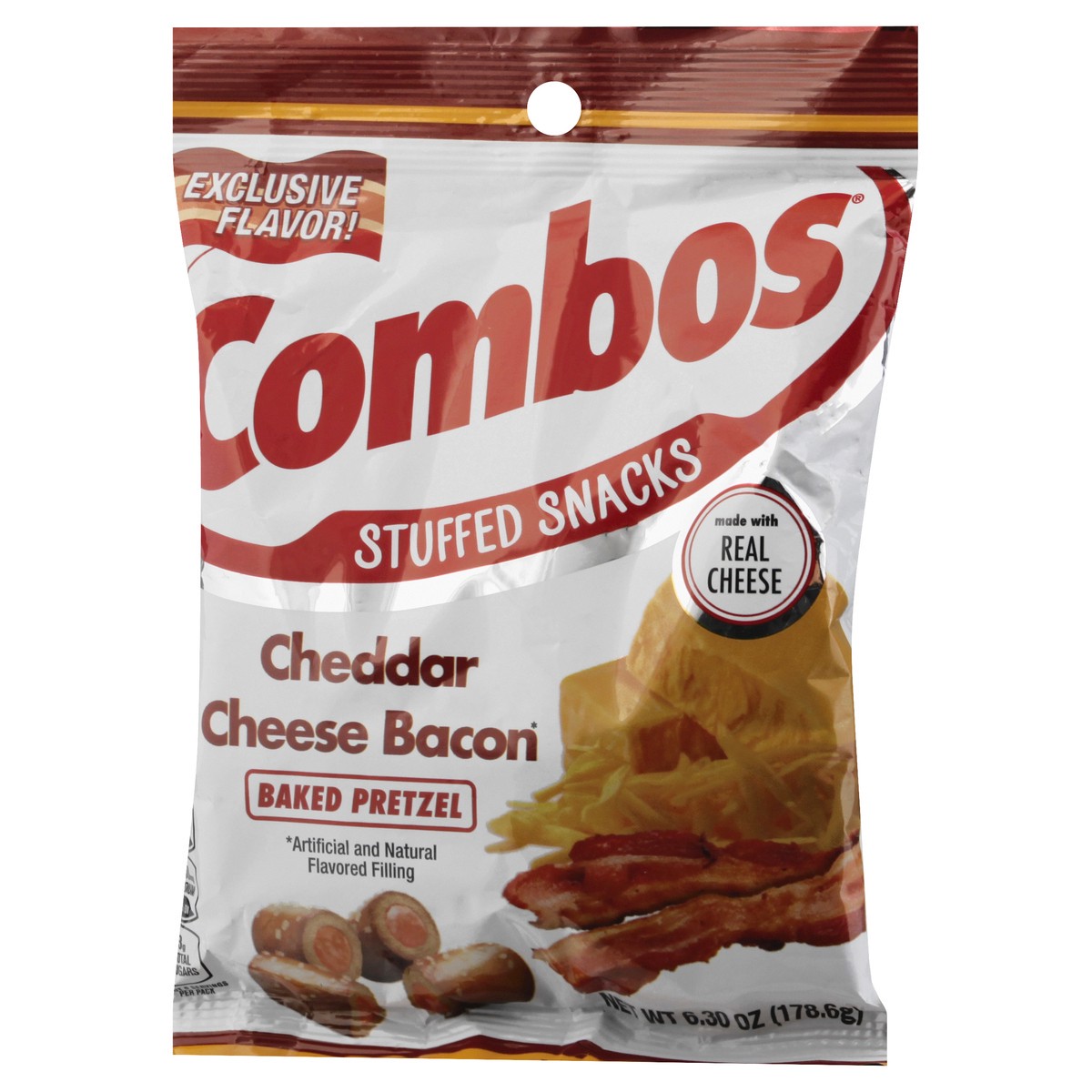 slide 3 of 9, COMBOS Stuffed Snacks Cheddar Cheese Bacon Baked Pretzel Snacks, 6.23oz Bag, 6.3 oz