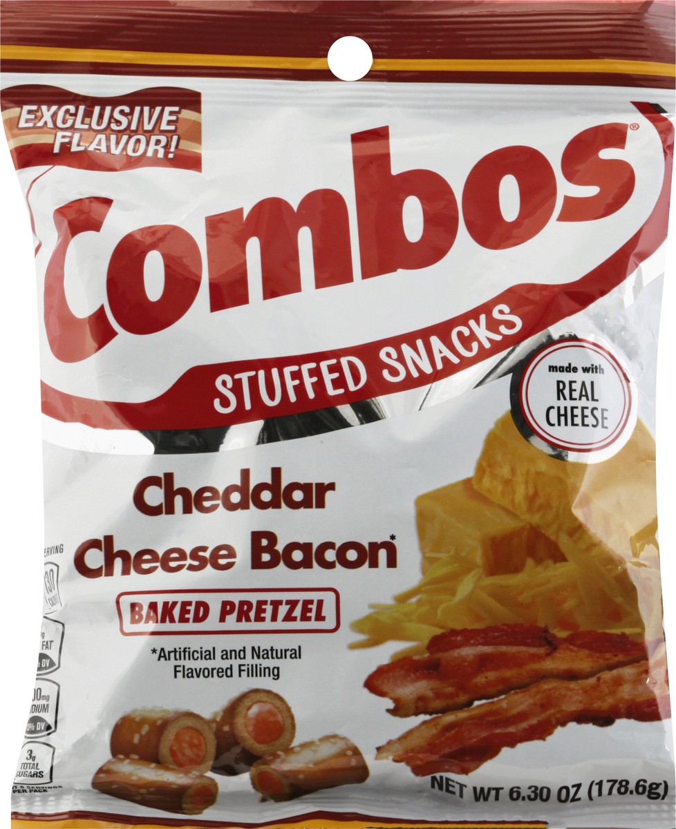 slide 6 of 9, COMBOS Stuffed Snacks Cheddar Cheese Bacon Baked Pretzel Snacks, 6.23oz Bag, 6.3 oz