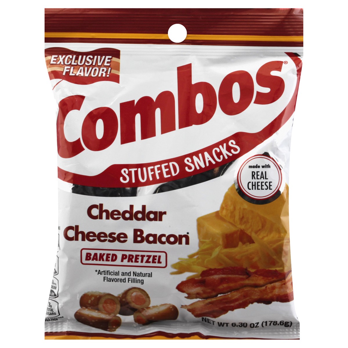 slide 1 of 9, COMBOS Stuffed Snacks Cheddar Cheese Bacon Baked Pretzel Snacks, 6.23oz Bag, 6.3 oz