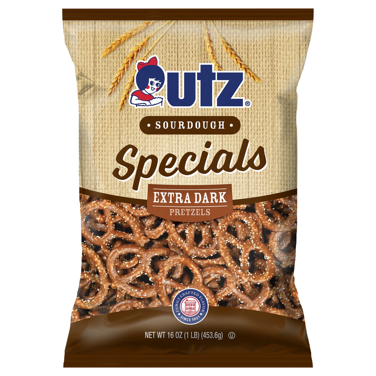 slide 1 of 8, Utz 16 oz Utz Sourdough Specials Extra Dark Pretzels, 16 oz