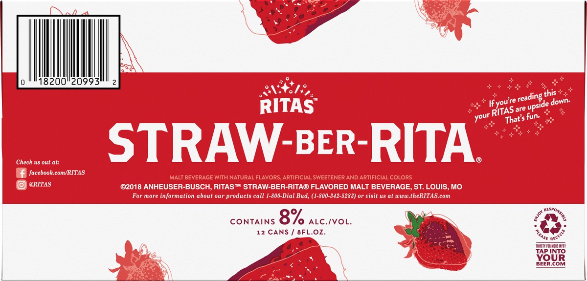slide 8 of 8, Ritas Straw-Ber-Rita Strawberry Malt Beverage, 12 Pack 8 fl. oz. Cans, 8.0% Alc./Vol., 12 ct; 8 oz