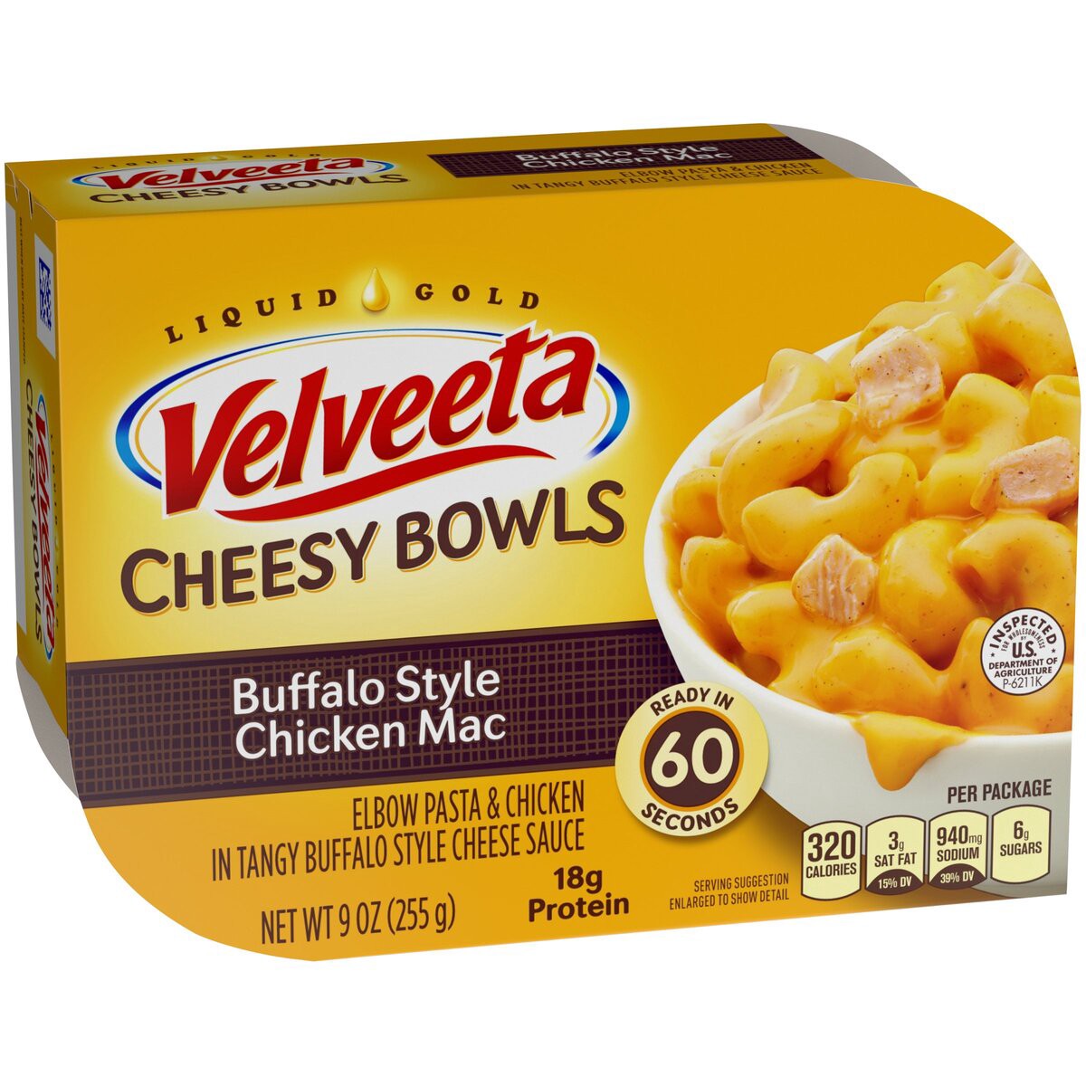 slide 3 of 8, Velveeta Cheesy Bowls Buffalo Style Chicken Mac with Buffalo Style Cheese Sauce Microwavable Meal, 9 oz Tray, 255 g