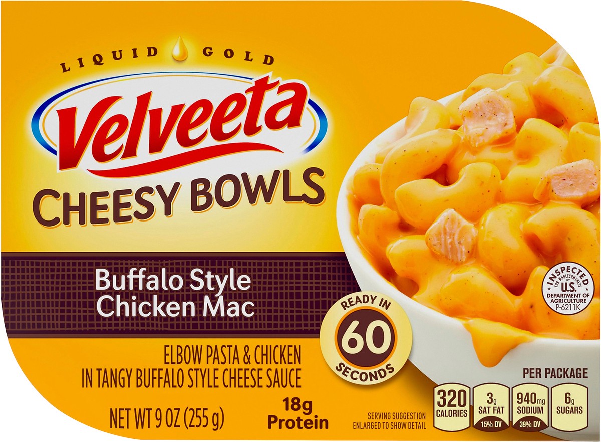 slide 1 of 8, Velveeta Cheesy Bowls Buffalo Style Chicken Mac with Buffalo Style Cheese Sauce Microwavable Meal, 9 oz Tray, 255 g