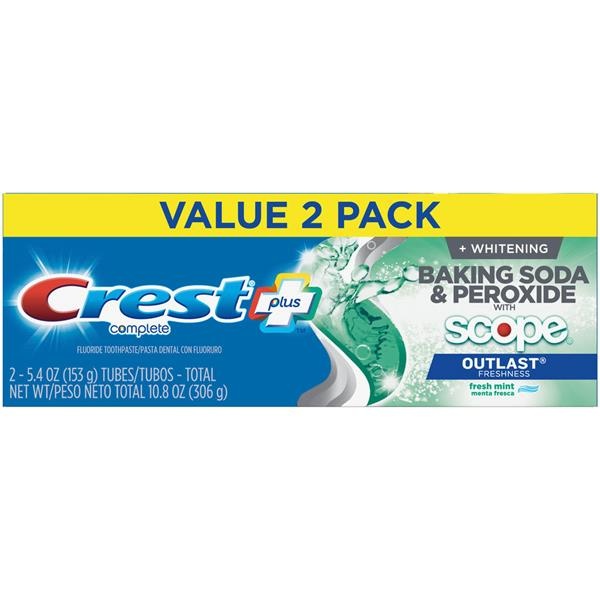 slide 1 of 1, Crest + Baking Soda And Peroxide With Scope Outlast Fresh Mint Toothpaste 2 - 5.4 Oz Tubes, 10.8 oz