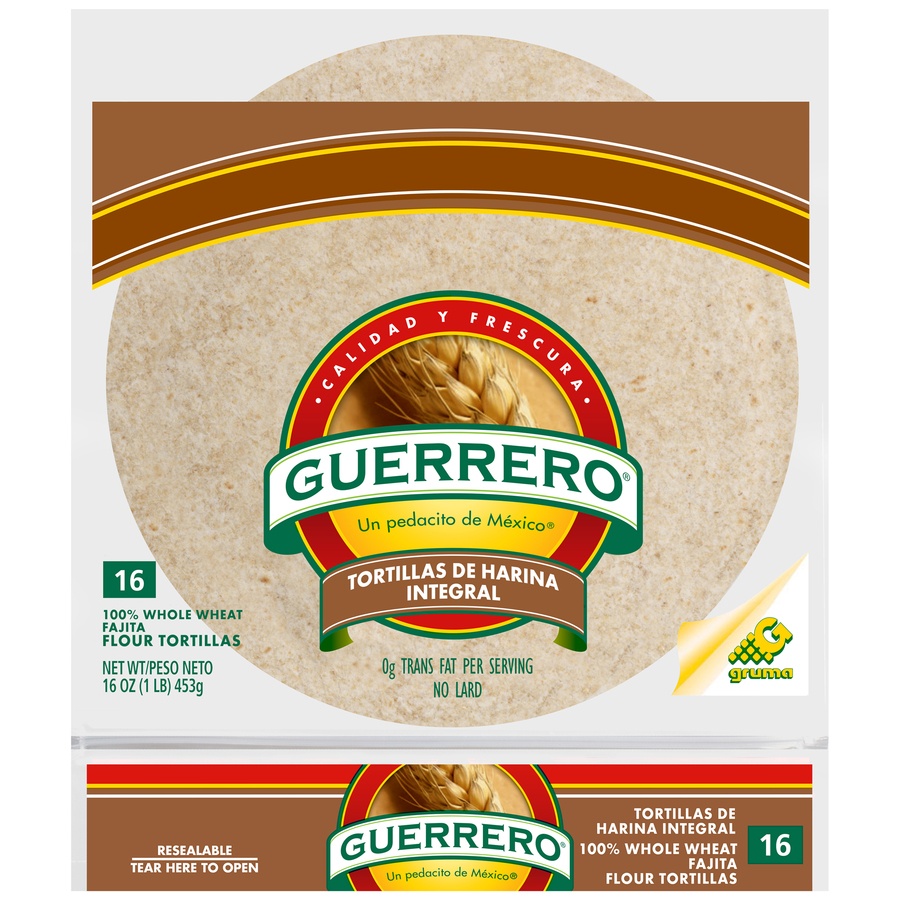 slide 1 of 1, Guerrero 100% Whole Wheat Fajita Flour Tortillas, 16 oz