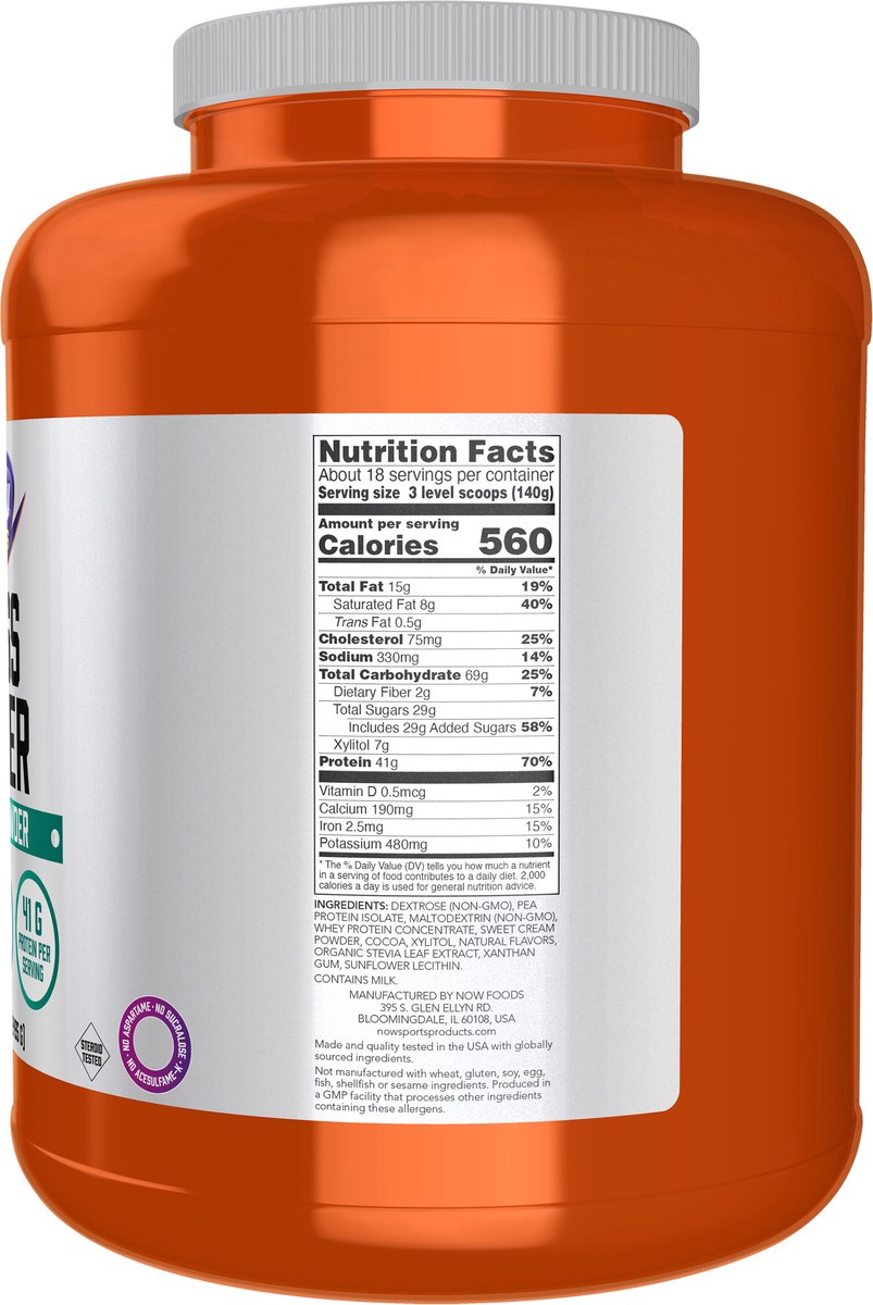 slide 5 of 10, NOW Sports Mass Gainer Protein Powder, Creamy Chocolate Flavor, Pea and Whey Protein Blend, 5.5 lbs., 5.5 lb