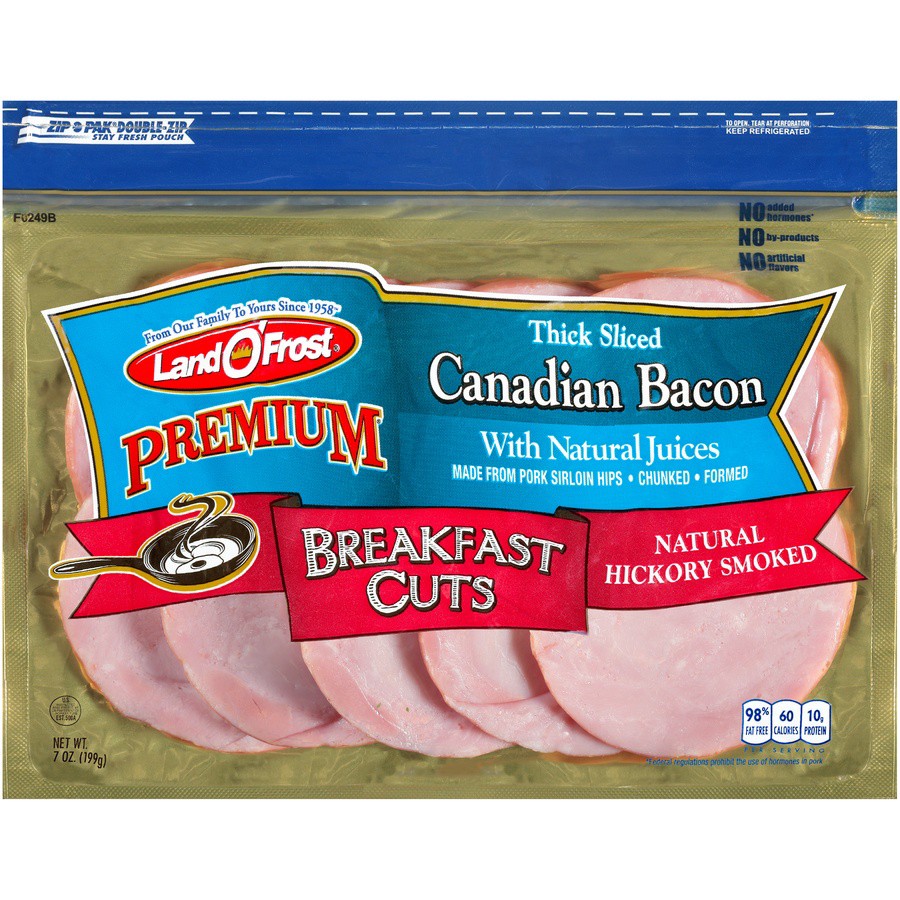 slide 1 of 6, Land O' Frost Breakfast Cuts Thick Sliced Natural Hickory Smoked Canadian Bacon, 7 oz