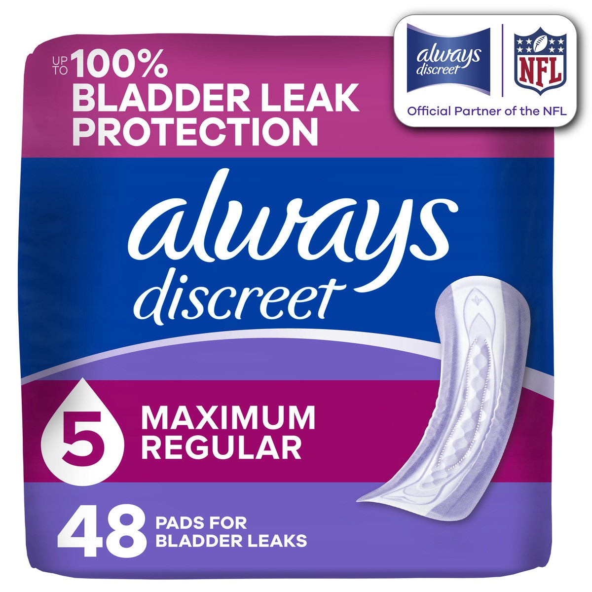 slide 1 of 8, Always Discreet Adult Incontinence Pads for Women, Maximum Absorbency, Regular Length, Postpartum Pads, 48 CT, 48 ct