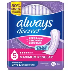 Always Discreet Adult Incontinence Pads for Women, Maximum Absorbency, Regular Length, Postpartum Pads, 48 CT